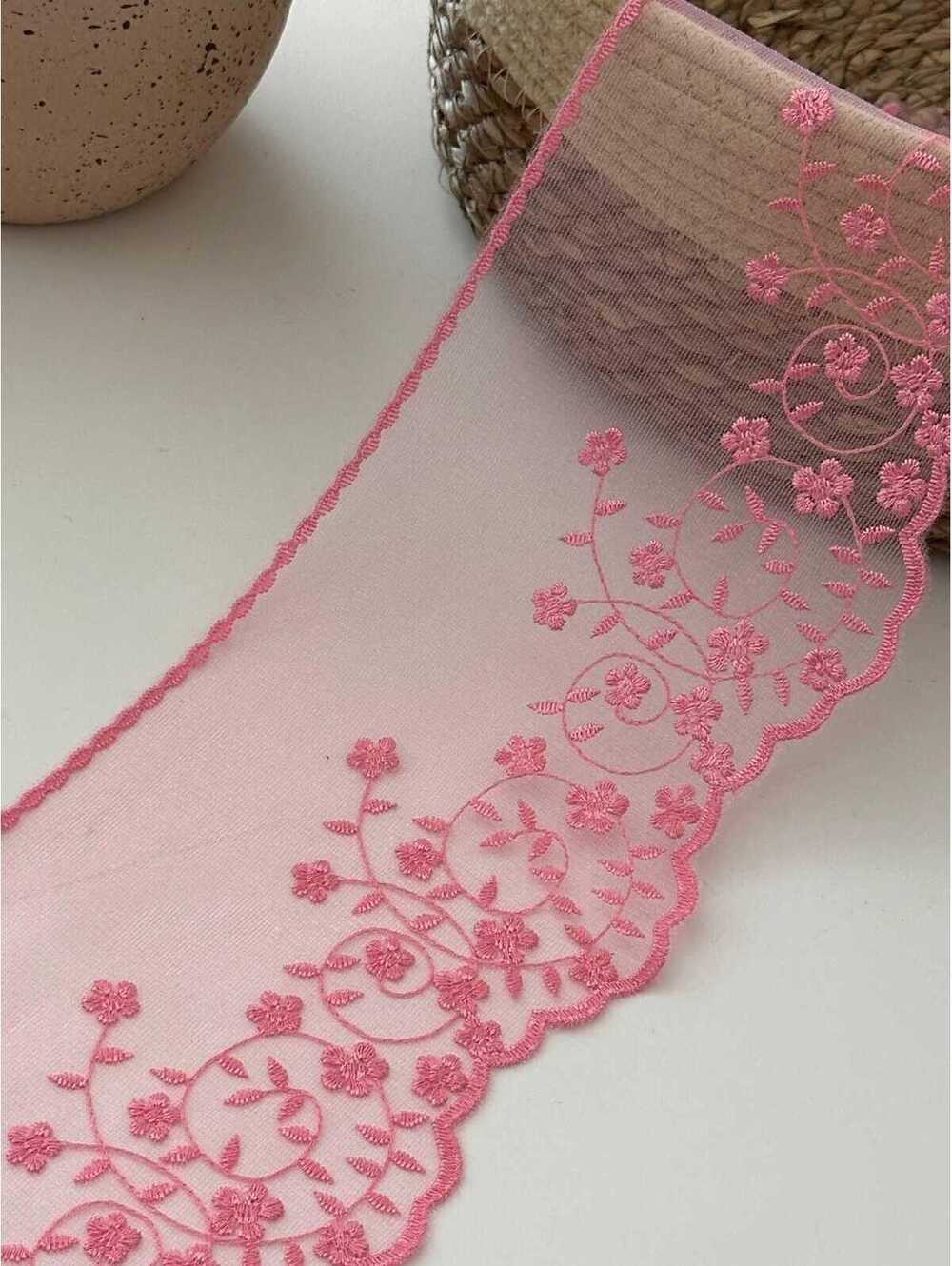 3Yds Pink Floral Mesh Lace Trim, 4.5" Wholesale